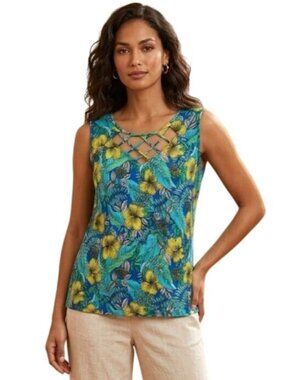 Roz and Ali Tank Top Plus Size 3X Sleeveless Tropical Floral Blue Yellow Resort